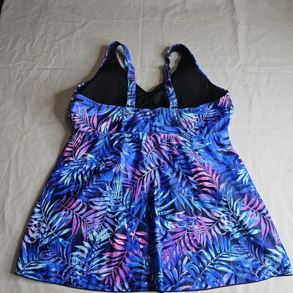 Yonique Tankini Swim Top Leaf Print Adjustable Straps Xl Blue Pink Coastal Beach